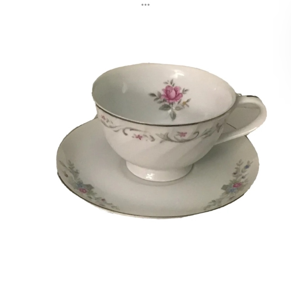 Vtg Teacup Royal Swirl Pink Rose Platinum Ring With Laughlin Saucer